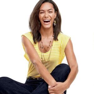 Cabi # 5748 "Daisy Top" Yellow/White Short Flutter Sleeve 100% Cotton Top SM